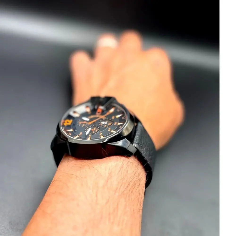 Diesel Mega Chief DZ4291 Black Orange Chronograph Leather Men's Watch 51mm